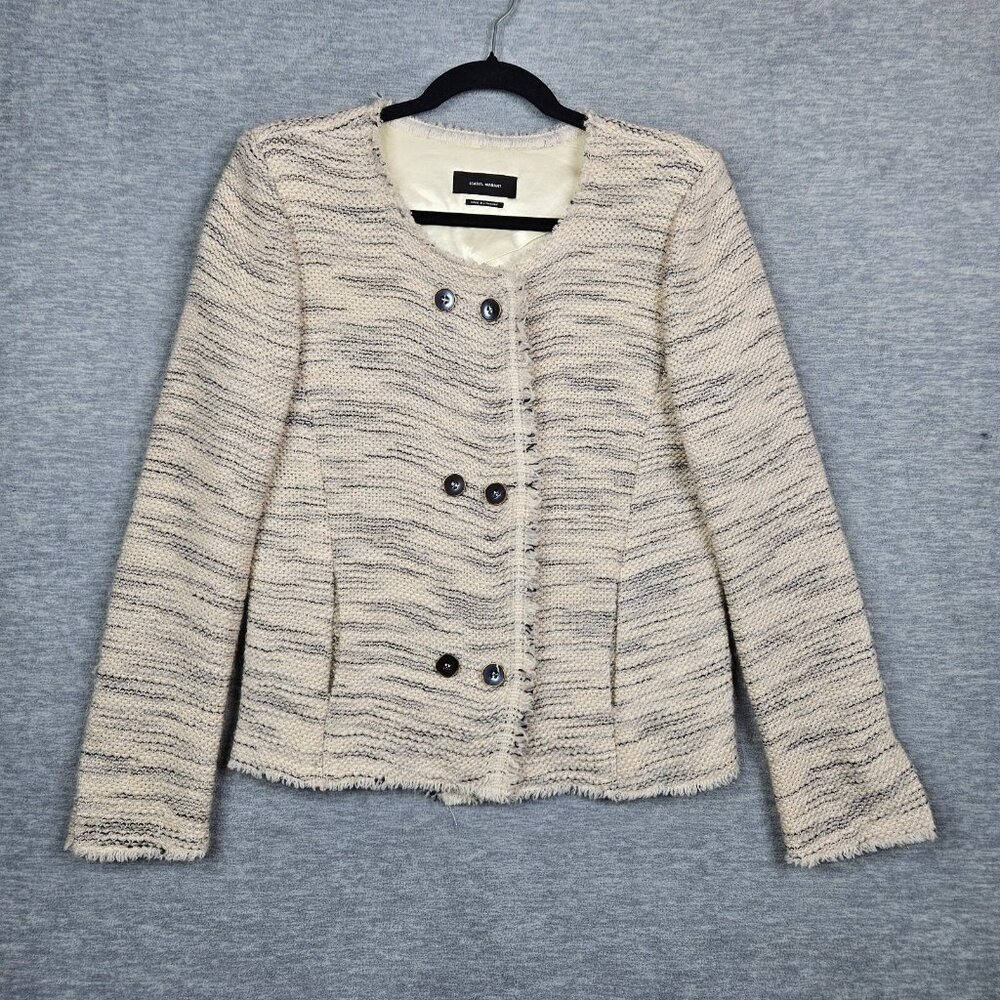 Isabel Marant Tweed Button Jacket Beige Raw-Edge Trim collarless Women's Size 40 - Picture 1 of 11